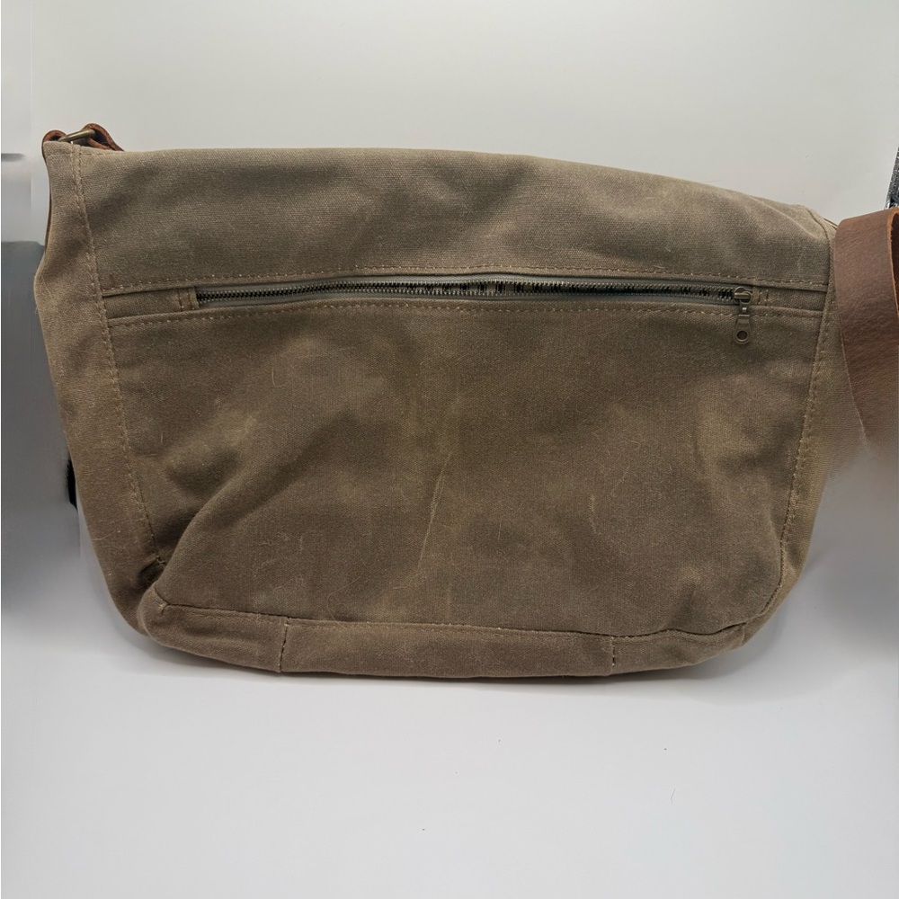 In Blue Handmade Pecan Waxed Canvas & Leather Messenger Bag - LINED + ZIPPER - Picture 2 of 12